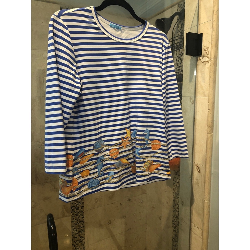 J. McLaughlin Smooth Stretch Seashell Blue White Striped Tee Top L Large